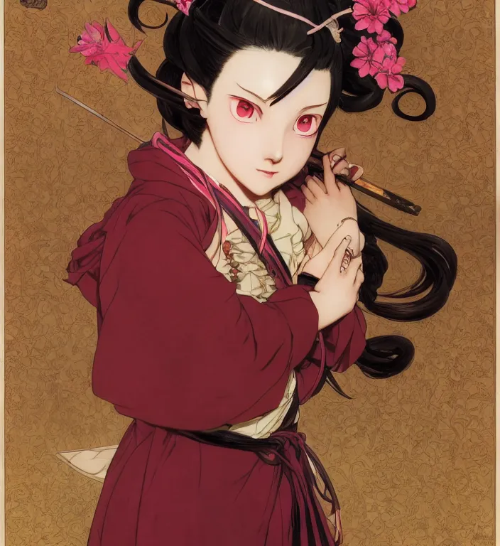 Image similar to Nezuko, Nezuko chan, Nezuko-chan, from Demon Slayer, very detailed, digital art, concept art, studio quality, ethereal, art style by Edmund Bliar Leighton and J. C. Leyendecker and Alphonse Mucha