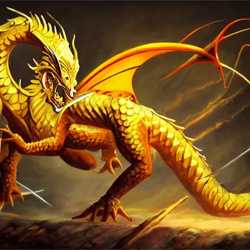 Prompt: Golden dragon, MTG art style