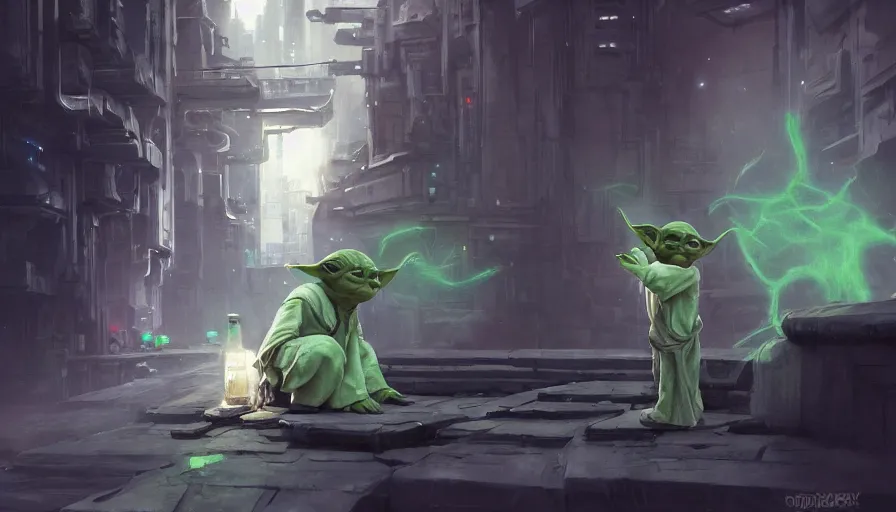 Image similar to Yoda being drunk in an alley at coruscant, close-up shot, details, sharp focus, illustration, by Jordan Grimmer and greg rutkowski, Trending artstation, pixiv, digital Art