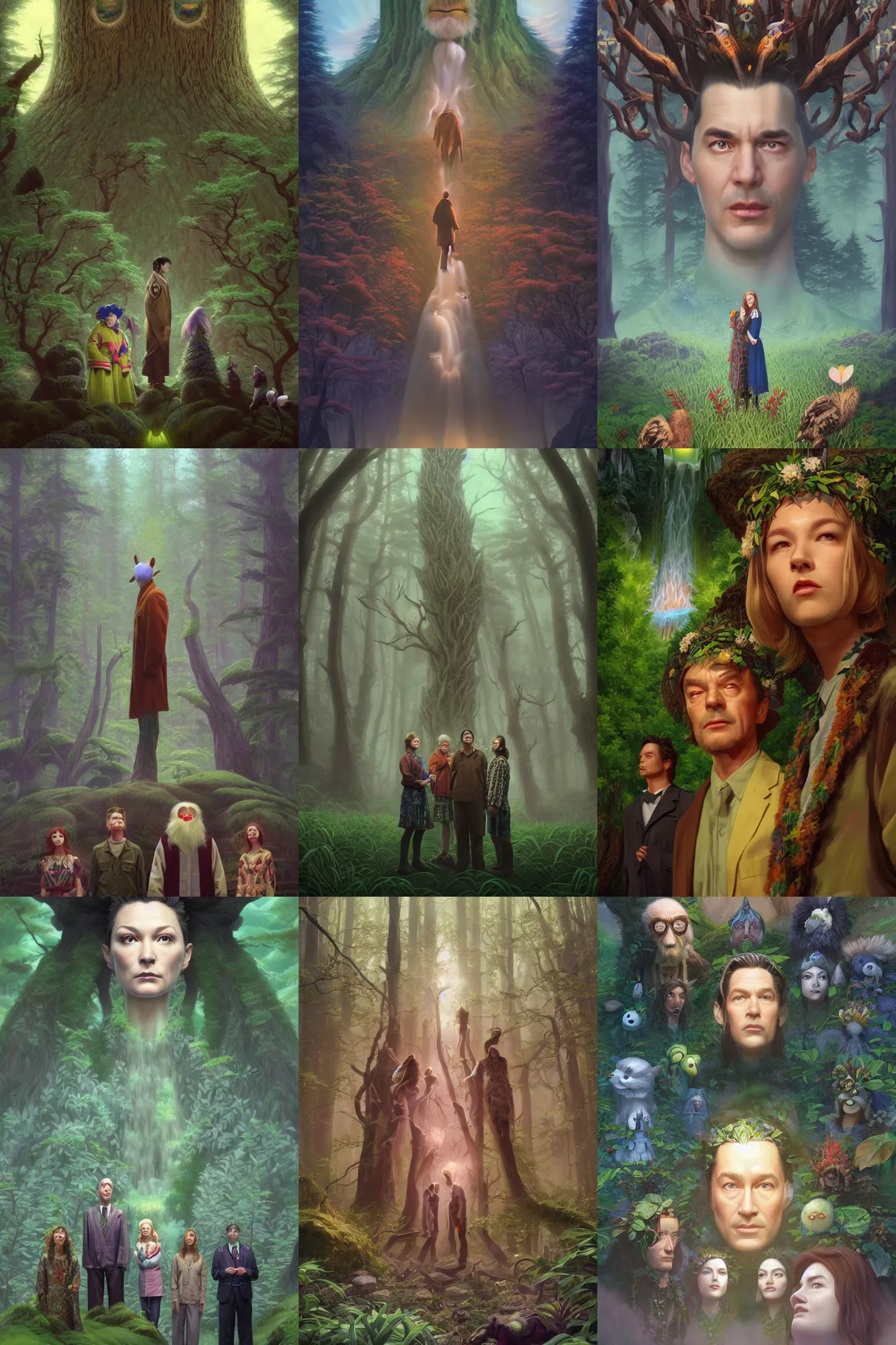 Prompt: Nature druid, character portrait Twin Peaks Movie poster, artwork by Chiho Aoshima, Donato Giancola, Craig Mullins, a Rendering of a cinematic beautiful closeup moment of friends standing facing toward their love, full of details, Matte painting, trending on artstation and unreal engine
