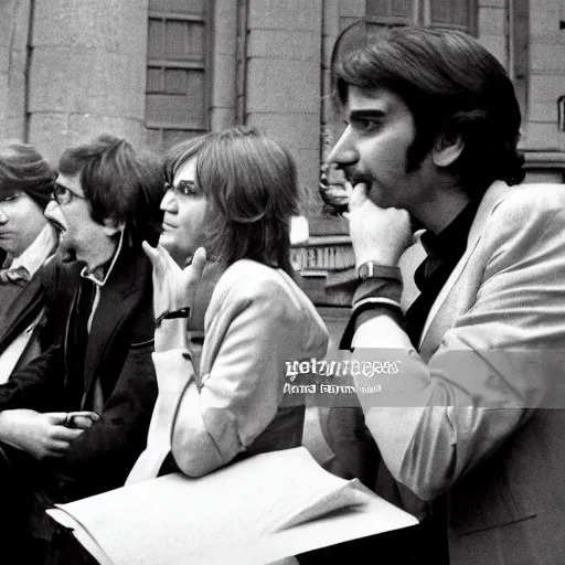 Prompt: French pop star Daphne LaCroix argues in favor of worker's rights with German New-Trad Intellectuals in Berlin, March, 1978