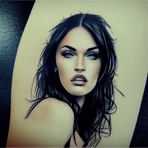 Image similar to realism tattoo sketch of double exposure megan fox with beautiful mountain scenery, in the style of andrey lukovnikov