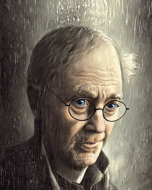 Image similar to a highly detailed portrait of Harry Potter as an old man, head and shoulders portrait, intricate, digital painting, old english, raining, sepia, particles floating, whimsical background by marc simonetti, artwork by ramond swanland and liam wong