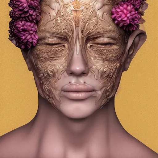 Image similar to beatifull face portrait of a woman, 150 mm, anatomical, flesh, flowers, mandelbrot fractal, facial muscles, veins, arteries, intricate, golden ratio, full frame, microscopic, elegant, highly detailed, ornate, ornament, sculpture, elegant , luxury, beautifully lit, ray trace, unreal, 3d, PBR, in the style of peter Gric , alex grey and Romero Ressendi