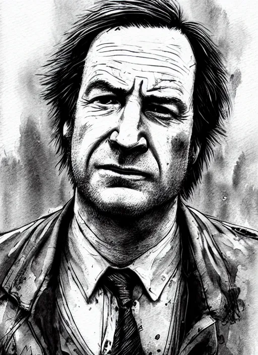 Image similar to portrait, Saul Goodman in the Last of Us universe, Bob Odenkirk, post apocalypse, Breaking Bad, watercolor, dramatic lighting, cinematic, establishing shot, extremely high detail, foto realistic, cinematic lighting, pen and ink, intricate line drawings, by Yoshitaka Amano, Ruan Jia, Kentaro Miura, Artgerm, post processed, concept art, artstation, matte painting, style by eddie mendoza, raphael lacoste, alex ross