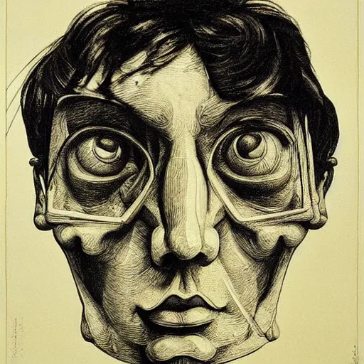 Image similar to lithography on paper conceptual figurative post - morden monumental portrait by goya and escher and hogarth, illusion surreal art, highly conceptual figurative art, intricate detailed illustration, controversial poster art, polish poster art, geometrical drawings, no blur