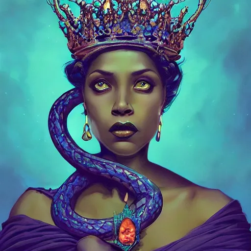 Image similar to portrait of a queen with a crown of snakes, desi dark skin, kneeling, dramatic lighting, blue and green, by Anato Finnstark, Tom Bagshaw, Brom