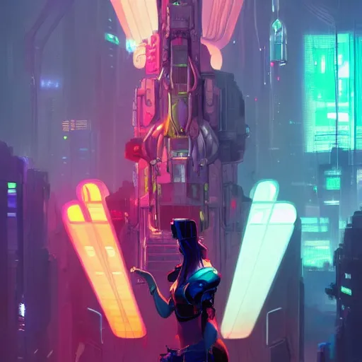 Image similar to crowded place, people, cyberpunk, bionics, augments, lights, cables, colorful, vivid, imposing, epic, digital painting, artstation, concept art, by peter mohrbacher and wlop and rhads,