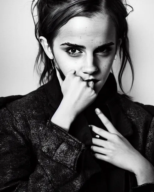 Image similar to A photo of tough looking emma watson. she has wedding rings on his fingers. 50 mm. perfect ring. award winning photography