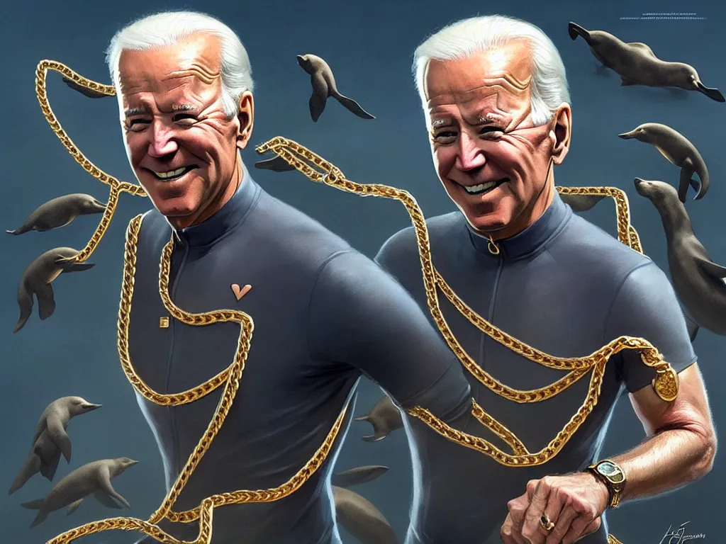 Image similar to joe biden wearing cycling shorts and gold chains surrounded by seals, elegant, real life skin, intricate, high detailed, artstation, concept art, smooth, sharp focus, art by artgerm and greg rutkowski