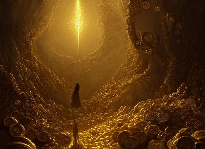 Image similar to heaven, gold coins raining down from heaven, beautifully, fantasy, dramatic, intricate, elegant, highly detailed, digital painting, artstation, concept art, smooth, sharp focus, illustration, art by Gustave Dore, octane render