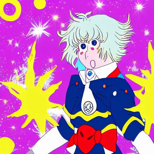 Image similar to boris johnson wearing a sailor moon costume in the style of sailor moon the anime, digital art, colourful, sparkly