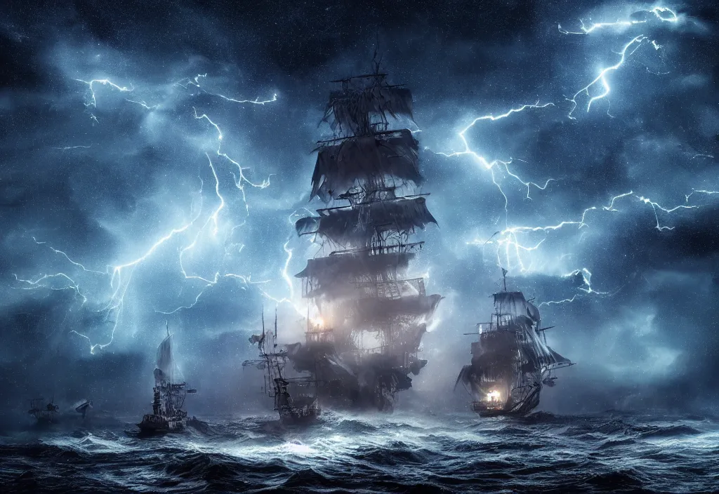 Image similar to photograph of a pirate ship traveling through sea of stars, breathtaking stars, thunderstorm lightning, interstellar, concept art, NASA, 4K, Detailed, HDR