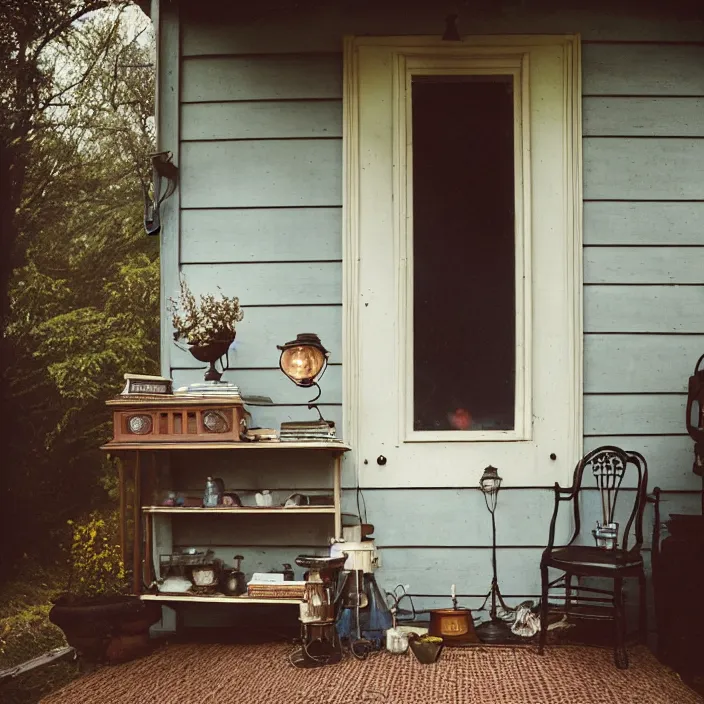 Prompt: kodak portra 4 0 0, wetplate, fisheye, award - winning portrait by britt marling, 1 9 2 0 s victorian porch, outside, ghost, picture frames, shining lamps, dust, smoke, 1 9 2 0 s furniture, wallpaper, carpet, books, muted colours, wood, fog, plants, flowers