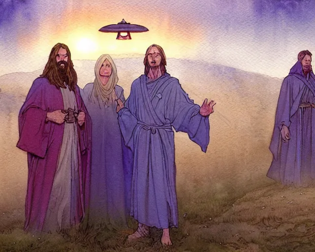 Image similar to a realistic and atmospheric watercolour fantasy character concept art portrait of a group of christians wearing robes and emerging from the mist on the moors of ireland at night. a ufo is in the sky. by rebecca guay, michael kaluta, charles vess and jean moebius giraud