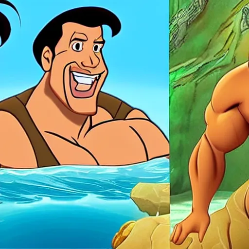 Prompt: dwayne johnson as a cartoon in the little mermaid