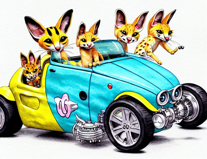 Image similar to cute and funny, serval riding in a tiny hot rod with oversized engine, ratfink style by ed roth, centered award winning watercolor pen illustration, isometric illustration by chihiro iwasaki, edited by range murata, tiny details by artgerm and watercolor girl, symmetrically isometrically centered