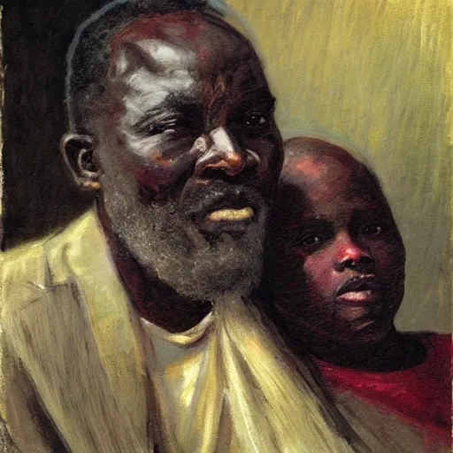 Prompt: a painting of a elegant well fed elder with few eyebrows and his son from Kenya by Henry Ossawa Tanner . thinker without facial hair, thoughtful, focused, visionary, calm, jovial, loving, fatherly, generous, . dramatic angle, ethereal lights, details, smooth, sharp focus, illustration, realistic, cinematic, artstation, award winning, rgb , unreal engine, octane render, cinematic light, macro, depth of field, blur, red light and clouds from the back, highly detailed epic cinematic concept art CG render made in Maya, Blender and Photoshop, octane render, excellent composition, dynamic dramatic cinematic lighting, aesthetic, very inspirational, arthouse.