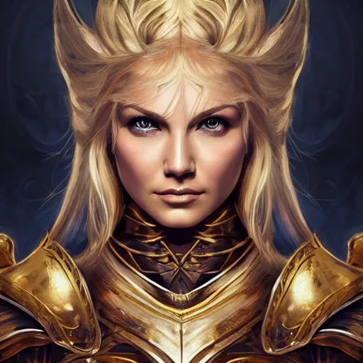 Prompt: head-on centered symmetrical painted portrait, Elisha Cuthbert as a paladin, blonde hair, gold armour, dramatic lighting, intricate, fantasy, intricate, elegant, highly detailed, digital painting, smooth, sharp focus, illustration, dramatic lighting, artstation, in the style of Artgerm and Anna Podedworna
