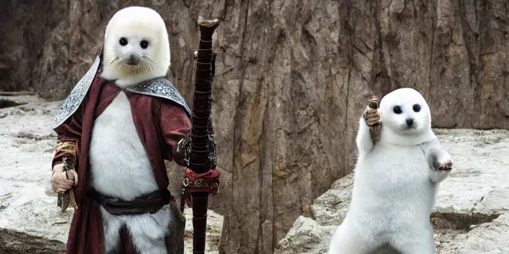 Image similar to a baby harp seal dressed in a witcher costume, dressed as geralt from the witcher, medieval, fantasy, film still