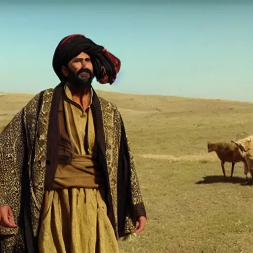 Image similar to Kurdish shepherd wearing Kurdish clothes in a movie directed by Christopher Nolan, movie still frame, promotional image, imax 70 mm footage