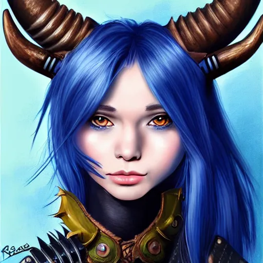 Image similar to illustrated realistic portrait female prong-horned kobold with blue bob hair and solid dark eyes wearing strap leather armor by rossdraws