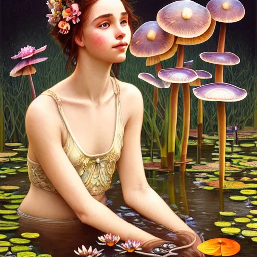 Image similar to Portrait of a girl surrounded by mushrooms while sitting at a pond with waterlilies, face, fantasy, intricate, elegant, highly detailed, digital painting, artstation, concept art, smooth, sharp focus, illustration, art by Fernanda Suarez and Artem Demura and alphonse mucha