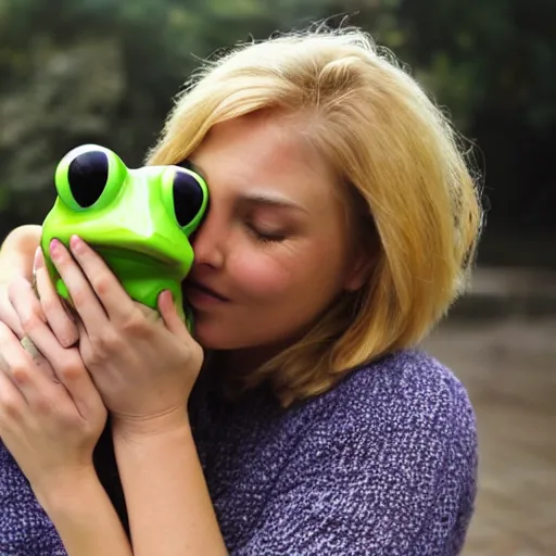 Image similar to a beautiful buxom woman kissing a frog prince, he is sitting in the palm of her hand, she is leaning over, her skin has a glow to it, she also has strawberry blonde hair, refined spontaneity, high - res