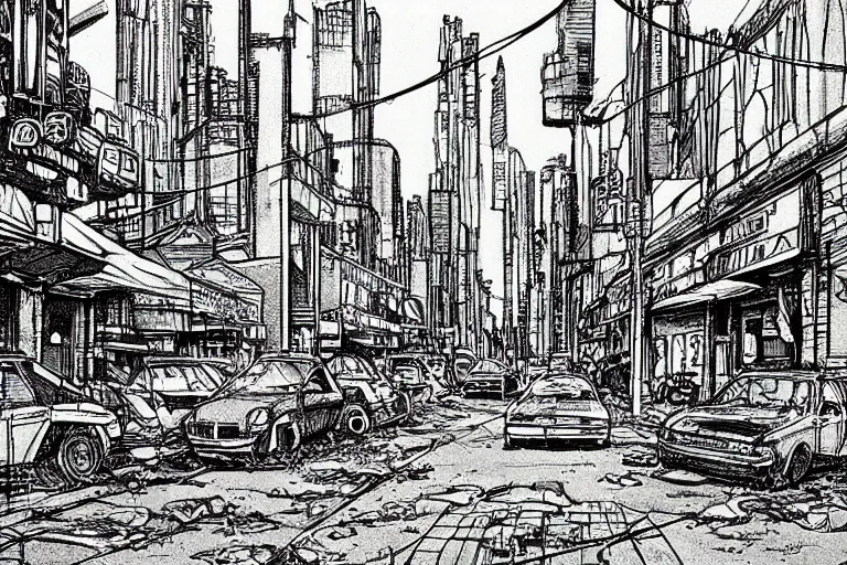 Prompt: a drawing of a post apocalyptic city street by Moebius