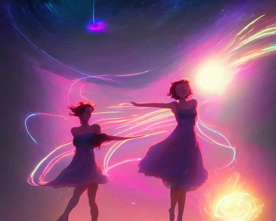 Image similar to a beautiful whimsical woman standing under a multi-colored binary blackhole with an accretion disc, casting magic, glowing trails following her arms,, by Lois van Baarle, by Greg Rutkowski, by artgerm, by beeple, by studio ghibli, cinematic angle, volumetric lighting, 4k resolution, octane render, trending on artstation, masterpiece