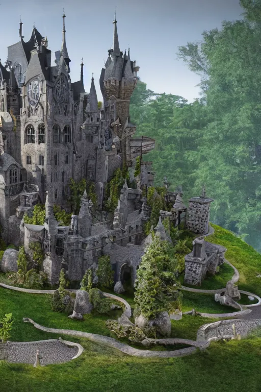 Prompt: matte painting photo of witch academy castle with many bonsai trees on the right with small waterfall, highly detailed garden in the middle, many stone statues, gothic building style, highly detailed, 4k, 8k resolution, trending on artstation, octane render.