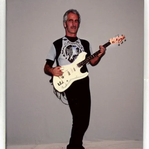 Prompt: polaroid photo of jeffrey epstein playing guitar, 1 9 8 0 s,