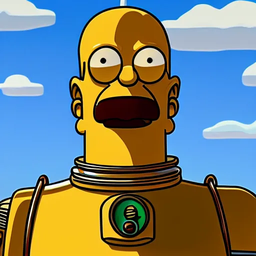 Prompt: full body portrait of Homer Simpson as real C3PO, background blue sky puffy clouds cinematic 4k