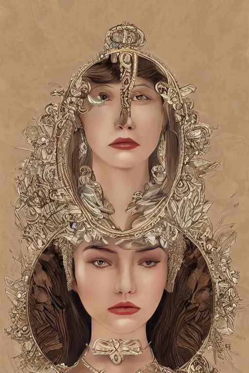 Image similar to An extremely beautiful Art Deco ornate portrait of a young attractive woman with a beautiful bone structure, professionally painted digital art illustration, smooth, sharp focus, atmospheric lighting, highly detailed illustration highlights, golden ratio, extremely detailed winning award masterpiece, very coherent symmetrical artwork, sense of awe, 8K post-processing, trending on artstation flawless, prismatic highlights, telephoto, depth of field, cinematic, macro, concept art, wepa digital, elegant, epic, octane render, v-ray, C4D