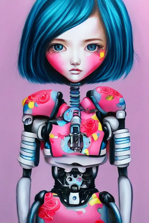 Image similar to pop surrealism, lowbrow cute girl painting, hyper realism, robotic girl, japanese street fashion