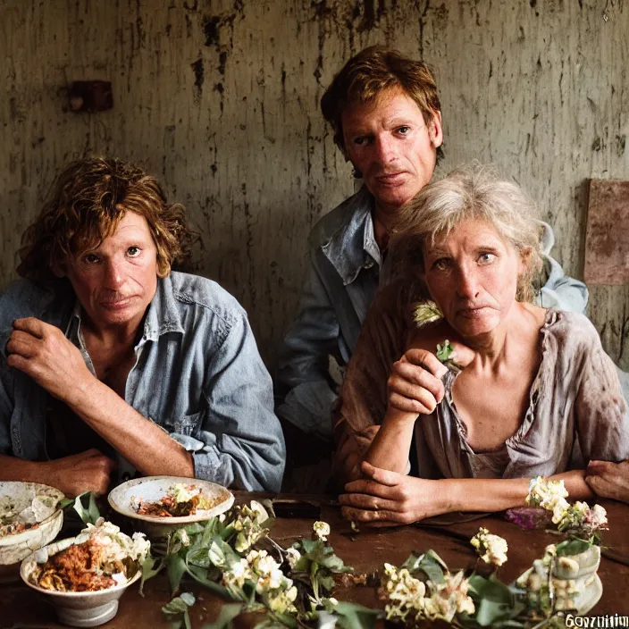 Image similar to closeup portrait of a couple eating flowers at a dining table, in a desolate abandoned house, by Annie Leibovitz and Steve McCurry, natural light, detailed face, CANON Eos C300, ƒ1.8, 35mm, 8K, medium-format print