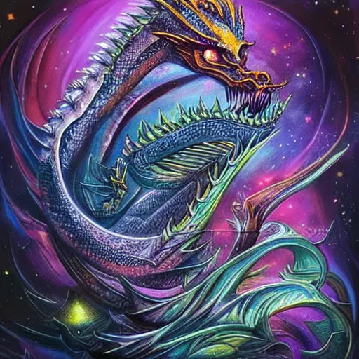 Prompt: detailed cosmic dragon by the cosmic artist, powerful, expressive, artistic, stunning fantasy art