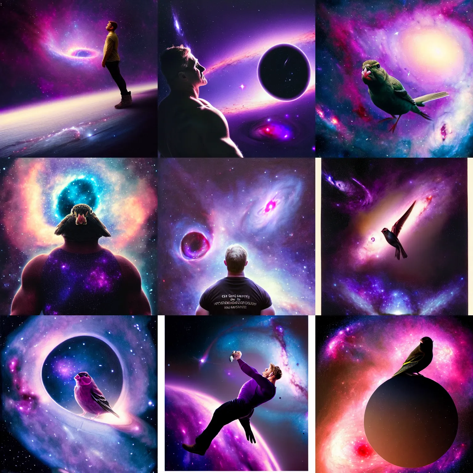 Prompt: Finch with two bodybuilder arms instead of wings, staring up into a purple blackhole, with the universe in the background, dark space, muted nebula, galaxies, sideview, medium shot, realistic award-winning photograph, anamorphic lens, painted by greg rutkowski