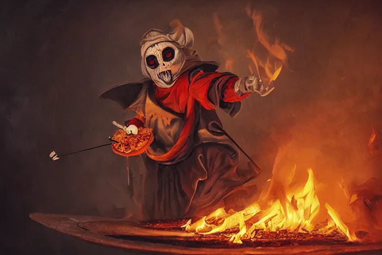 Prompt: a highly detailed scary painting of pulcinella!!! from naples with a pizza!! and lots of fire, a volcano and dark smoke, an ultrafine detailed painting by ravari mok, dramatic lighting, trending on deviantart, sharp focus, octane, masterpiece