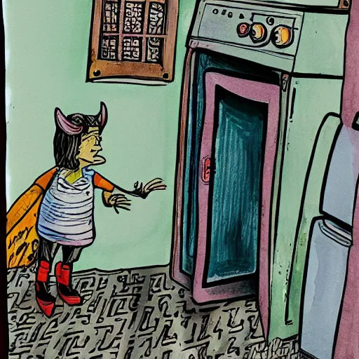 Image similar to childrens book illustration of a demon standing next to the washing machine in a basement, ink and watercolor