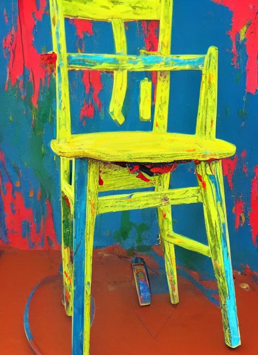 Prompt: chair, enamel paint, messy artwork, depth