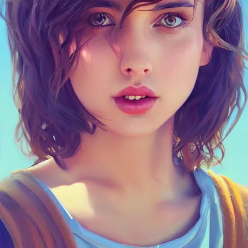 Prompt: a beautiful scenic painting of a beautiful young woman that looks like ana de armas by artgerm and wlop and wes anderson and spike jonze