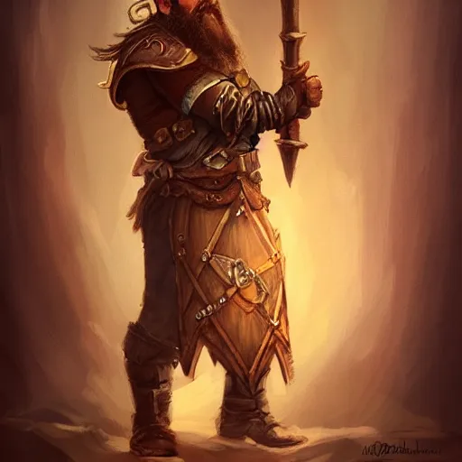 Image similar to High Fantasy whimsical portrait painting of a bearded dwarf holding a battleaxe, leg high, fantasy clothing, golden shoulder pauldrons, cgsociety, trending on artstation, dnd