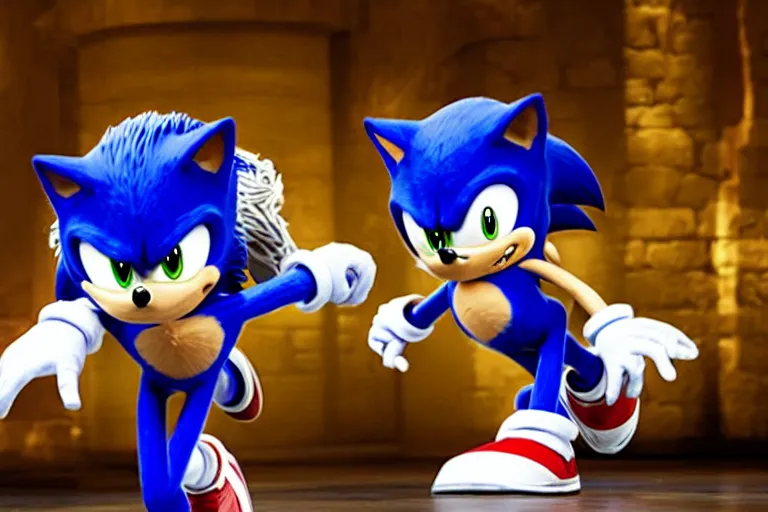 Prompt: sonic the hedgehog stars in hamilton, getty images proshot, hamilton an american musical starring sonic the hedgehog, stage lighting, broadway, wearing a 1 7 0 0 s suit, sonic the hedgehog starring alongside leslie odom jr and christopher jackson