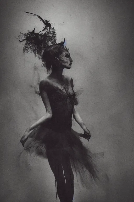 Prompt: dark ballerina, emil melmoth, concept art, deviantart, dark, 3 5 mm, chiaroscuro, surrealist, victorian, mist, filth, dark, on an empty stage from above, symmetrical face