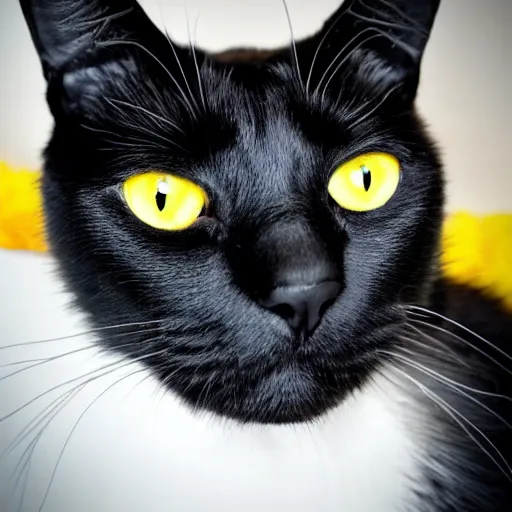 Image similar to a black cat with yellow eyes, missing some whiskers and standing up