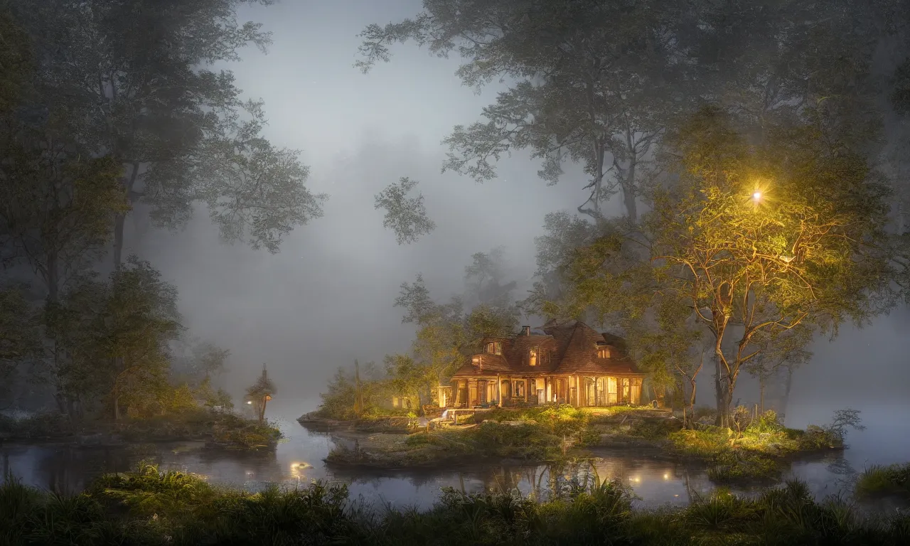 Prompt: a stunning well lit renaissance lake house with lamps, a beautiful lake in the foreground, moonlit night dreamy atmosphere, highly detailed twigs and plants in the forest, bioluminescent butterflies in the fog in a bokeh background, deep colors, photorealistic digital arts, smooth and rich color scheme, artstation, 8K