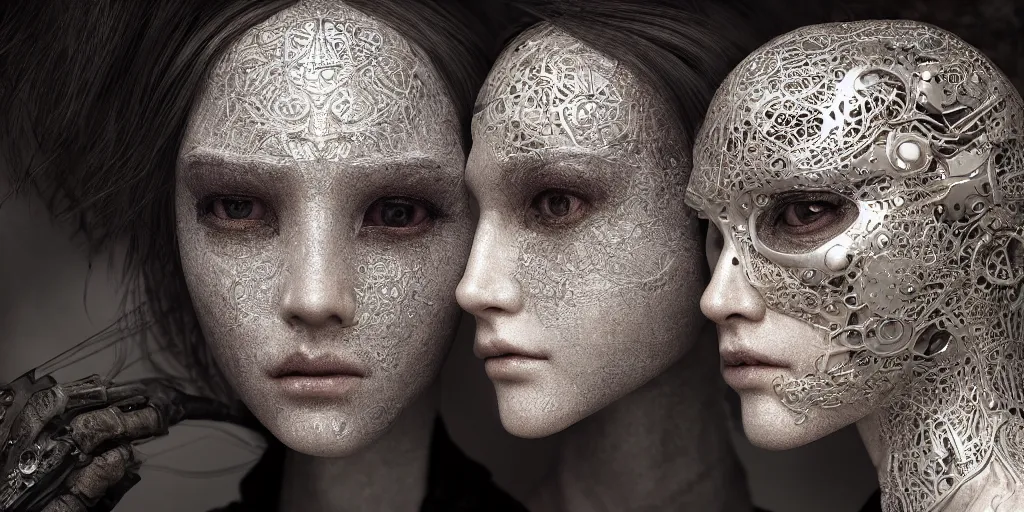 Image similar to hyper realistic photography of a stunningly cyborg female and male, intimate, intricate filigree, in the style of beth cavener, jin kagetsu, and wlop, highly detailed, chrome face symmetry, masterpiece, award - winning, sharp focus, concept art, high key, ambient lighting, 8 k, octane render,