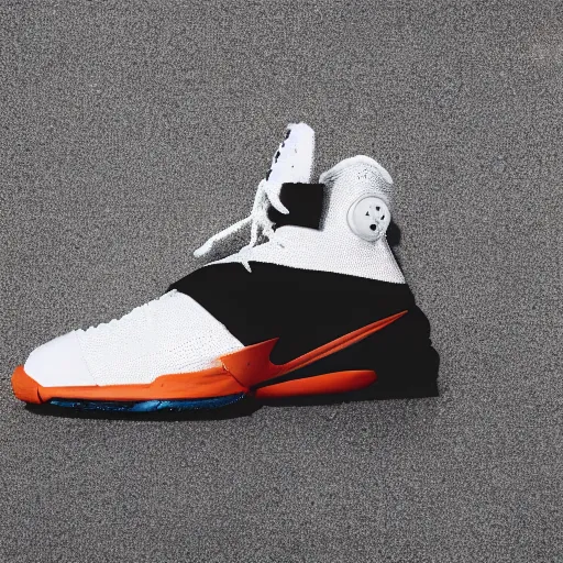 Image similar to a studio photoshoot of a Nike Air x Acronym Lebron sneaker collab designed by Errolson Hugh, air technology, geometric, knitted mesh material, realistic, color film photography by Tlyer Mitchell, 35 mm, graflex