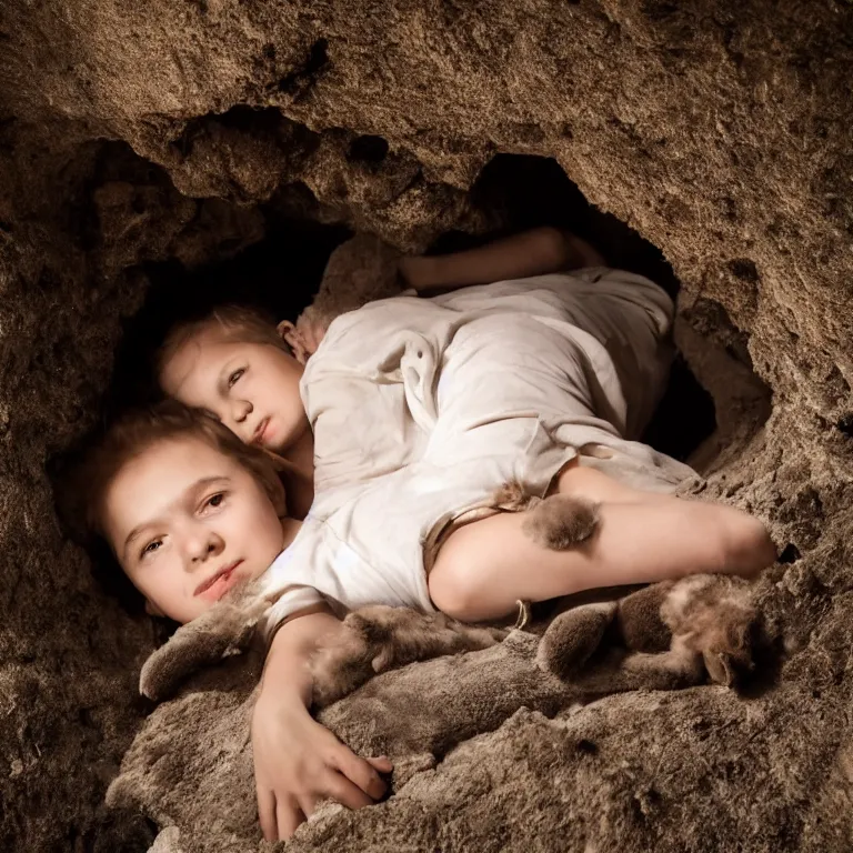 Prompt: a human child laying down with a large furry bear in a stone cave, dark background